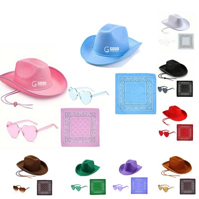 Western Cowboy Hat W/ Bandanna Heart Sunglasses