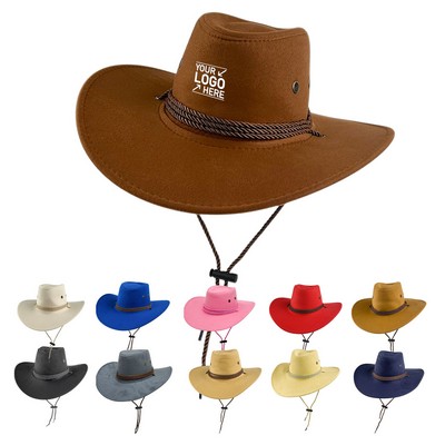 Men's Faux Felt Leather Suede Western Cowboy Hat Outdoor Wide Brim Hat with Strap